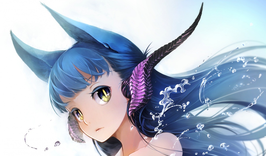 Девушка аниме с большими глазами и голубыми волосами 