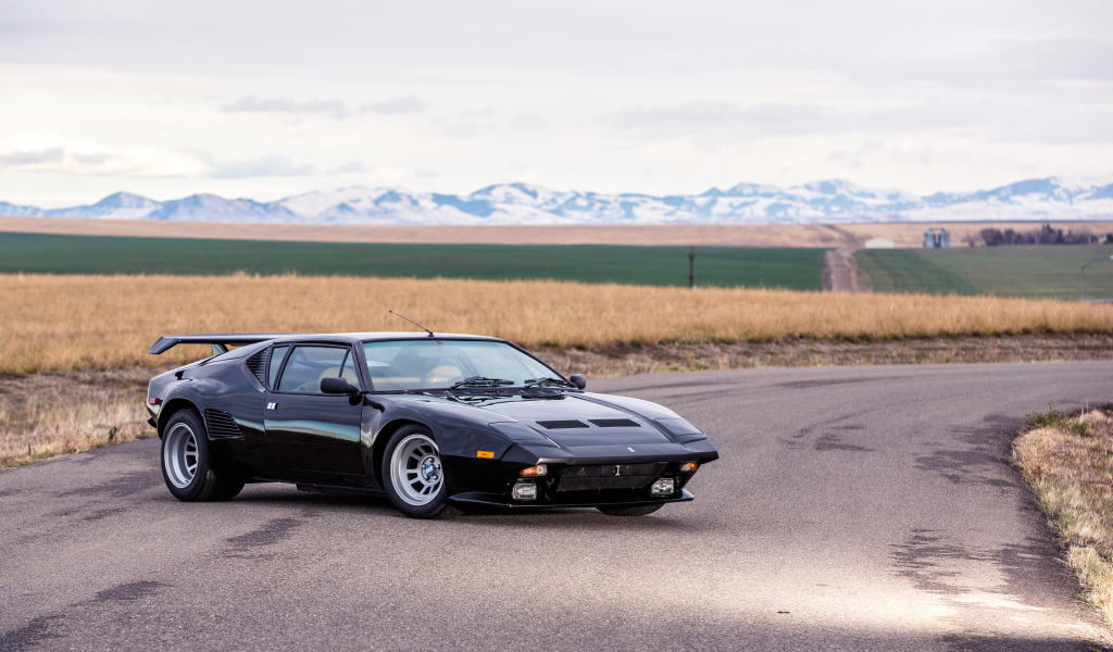 Черный быстрый автомобиль De Tomaso Pantera на фоне поля