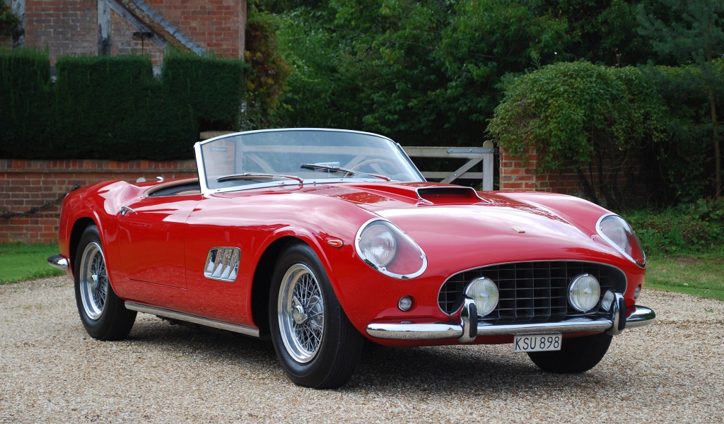 Ретро автомобиль кабриолет красного цвета Ferrari 250 Gt 