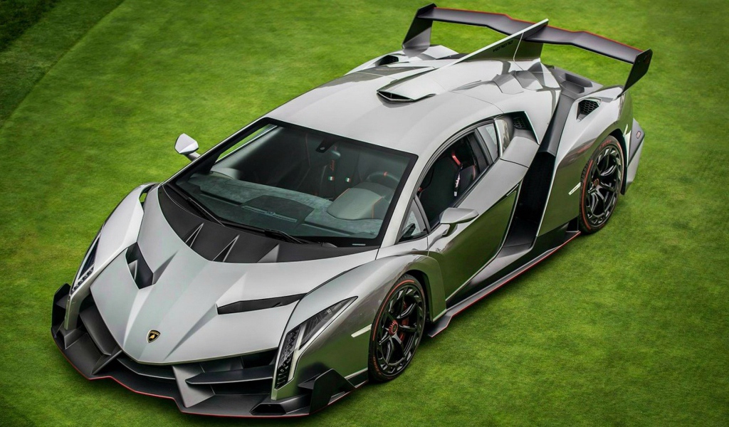 Серебристый спорткар Lamborghini Veneno на зеленом газоне 