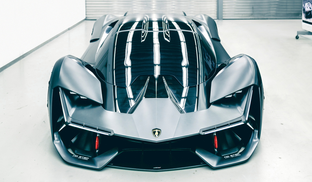 Эффектный черный спортивный суперкар Lamborghini Terzo Millennio вид спереди
