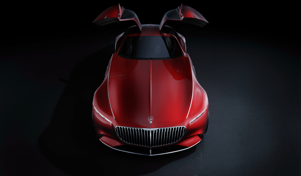 Красный автомобиль  Vision Mercedes-Maybach 6 с открытыми дверями 