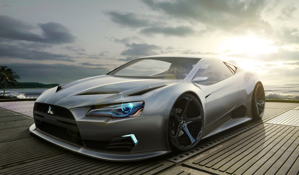 Серебристый автомобиль Mitsubishi в лучах солнца 