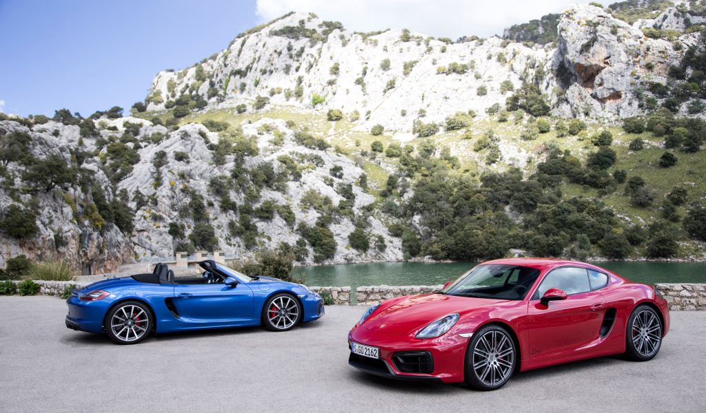 Два спортивных автомобиля Porsche Boxster и Porsche Cayman GTS  у воды 
