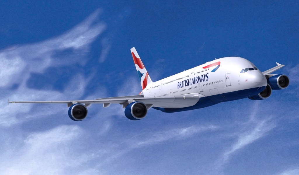 Airbus A380 авиакомпании British Airways на фоне голубого неба