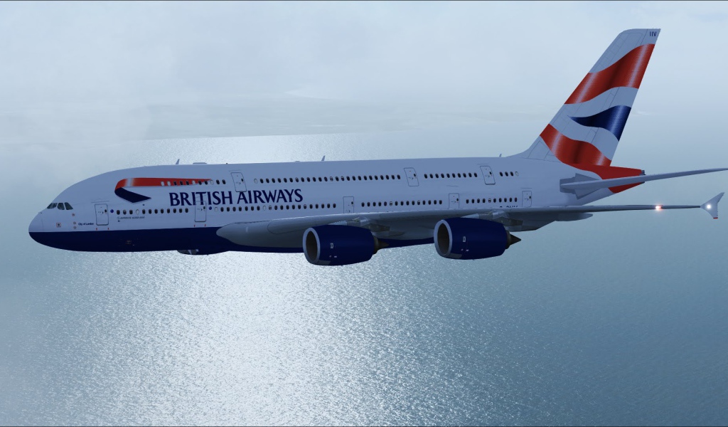 Самолет Airbus A380 British Airways летит над океаном 