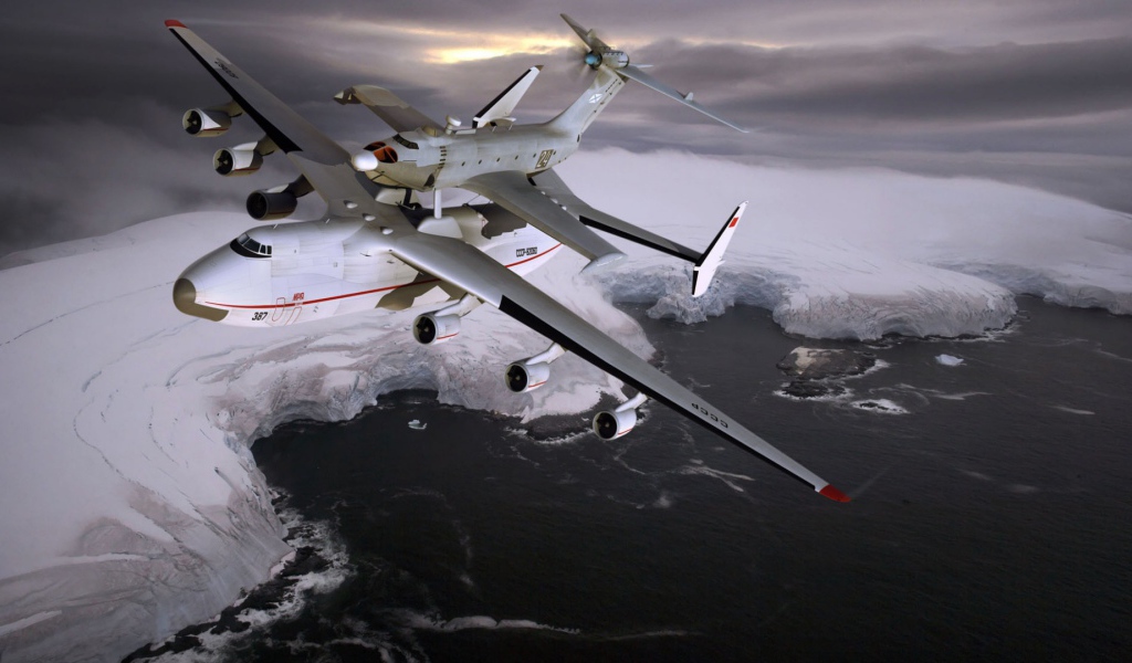Полет транспортного самолета АН-225 Мрия над  Северным ледовитым океаном