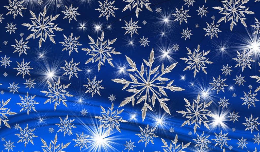 Ярки звезды и белые снежинки на голубом фоне