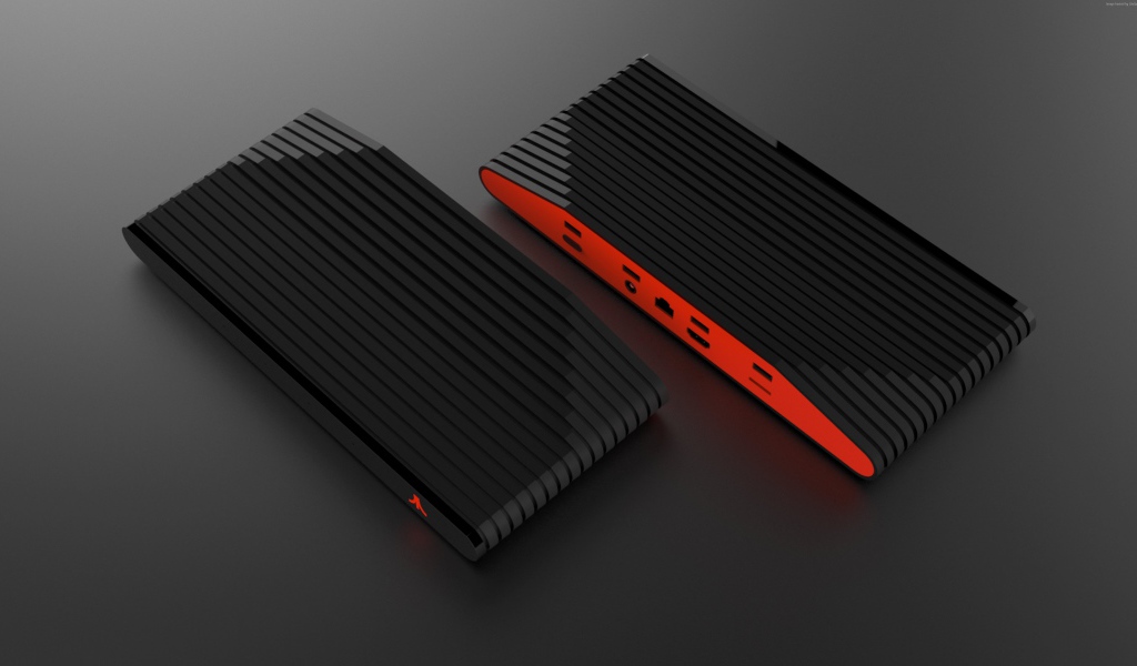 Новый игровой консоль Ataribox, 2018 на сером фоне