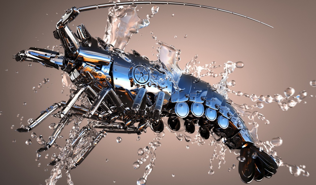 Механический рак в каплях воды 