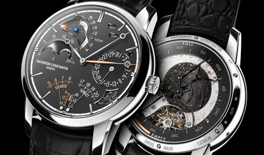 Стильные дорогие часы Vacheron Constanin с черным кожаным ремешком