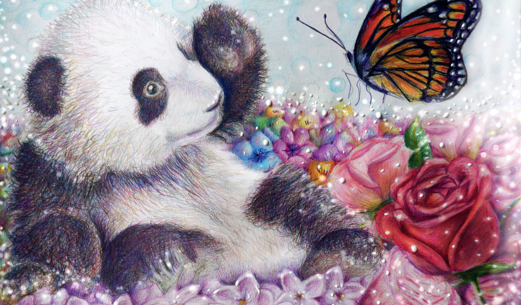 Нарисованный медвежонок панда с бабочкой и красной розой