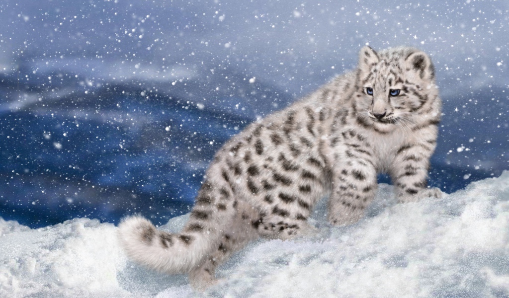 Нарисованный снежный барс идет по снегу