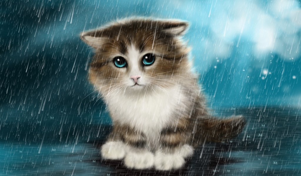 Маленький грустный нарисованный котенок под дождем