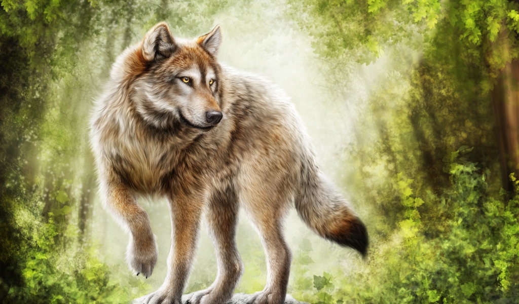 Painted big wolf stands in the woods