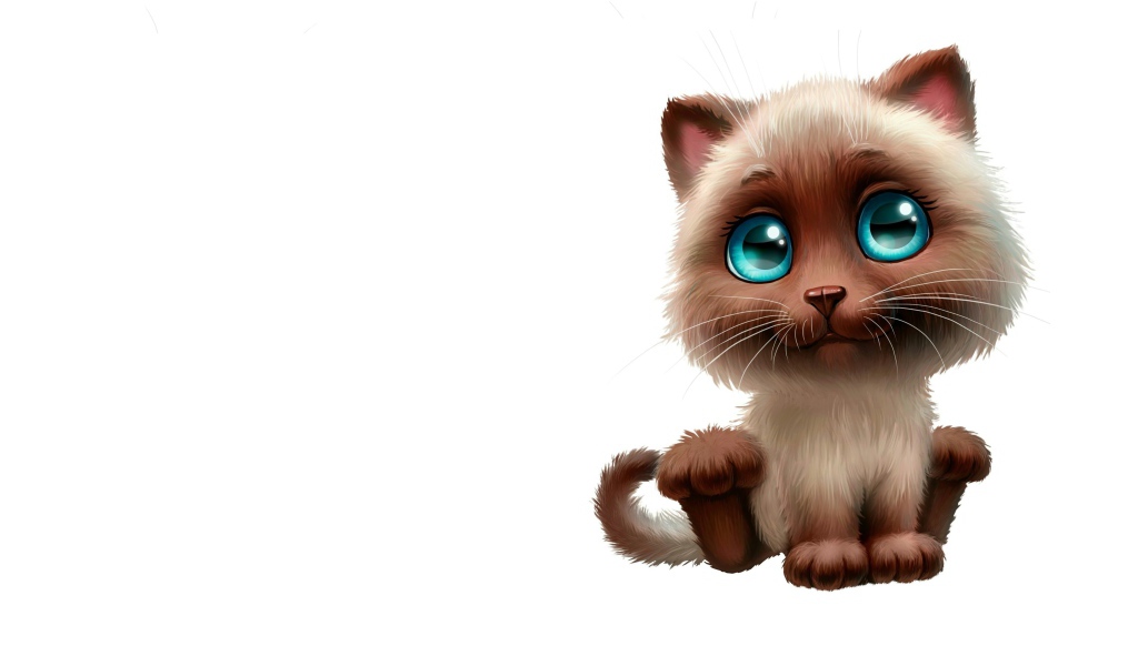 Нарисованный милый котенок с большими глазами на белом фоне