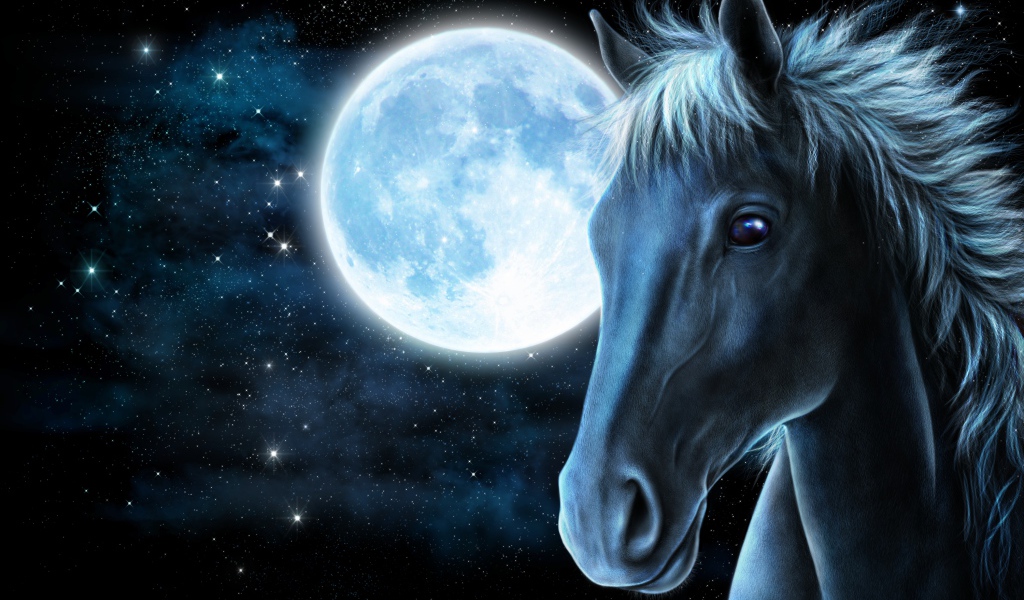 Painted horse in the background of a big bright moon