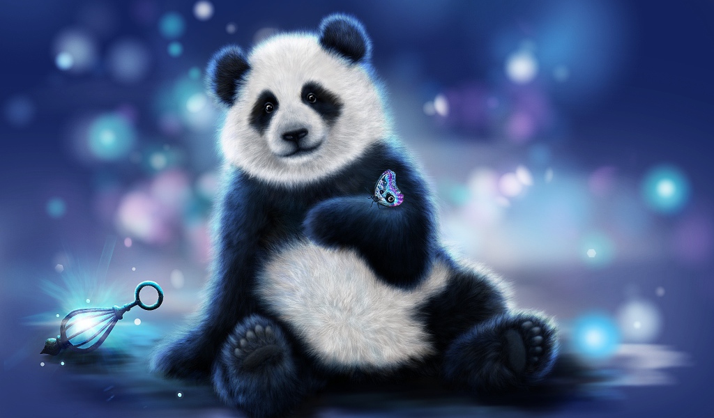 Нарисованный медведь панда с бабочкой на лапе