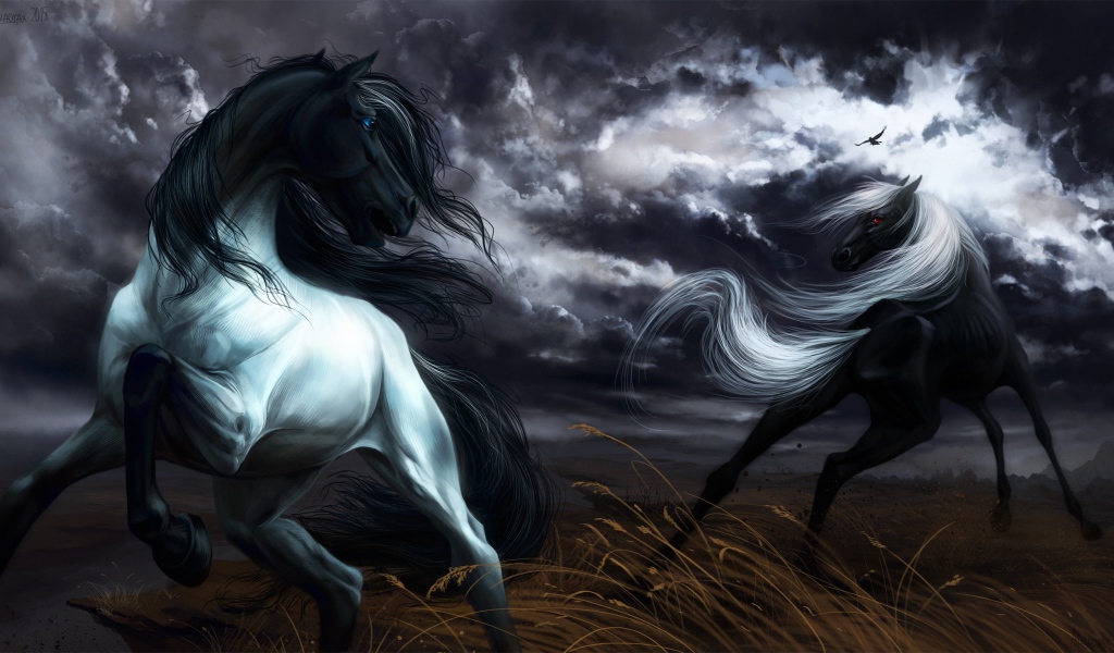 Две нарисованные черные лошади скачут под грозовым небом