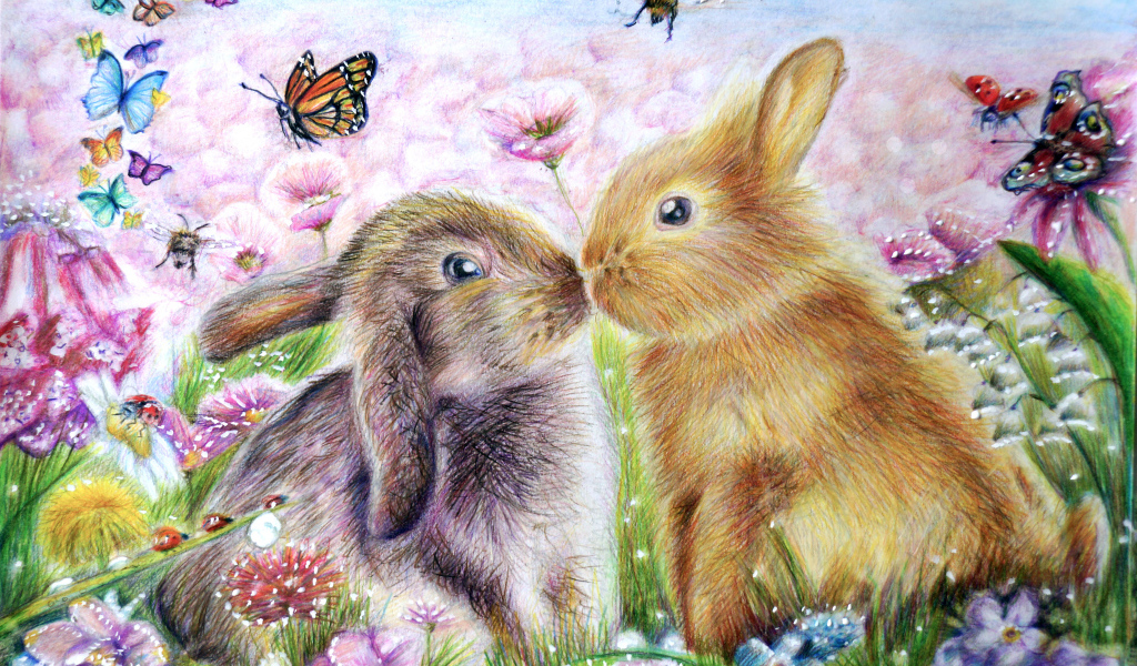 Два нарисованных кролика с бабочками