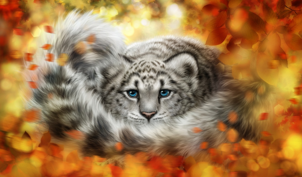 Детеныш снежного барса в желтых листьях, рисунок