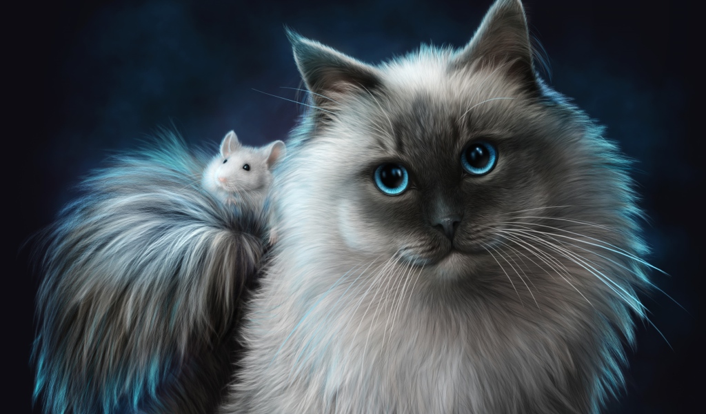 Большой пушистый фантастический кот с белым мышонком