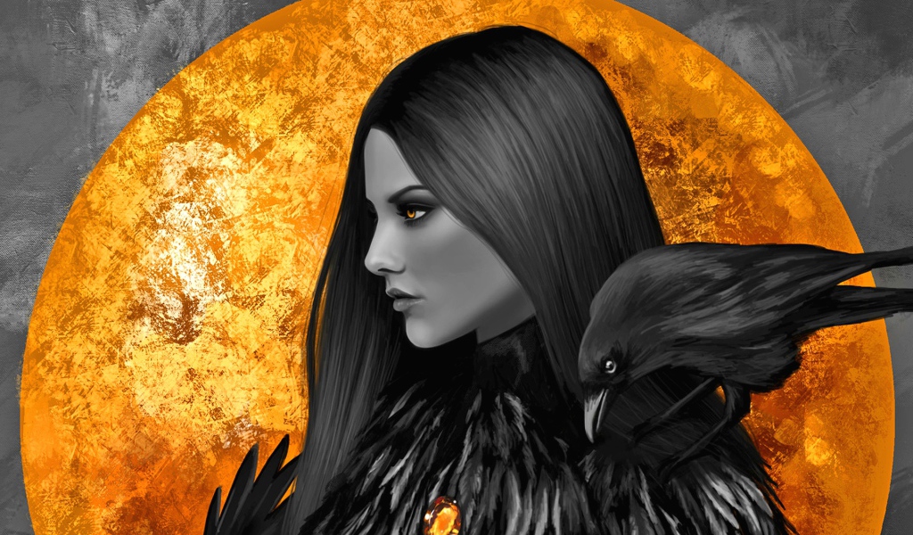 Девушка с желтыми глазами и вороном на плече на фоне большой луны 