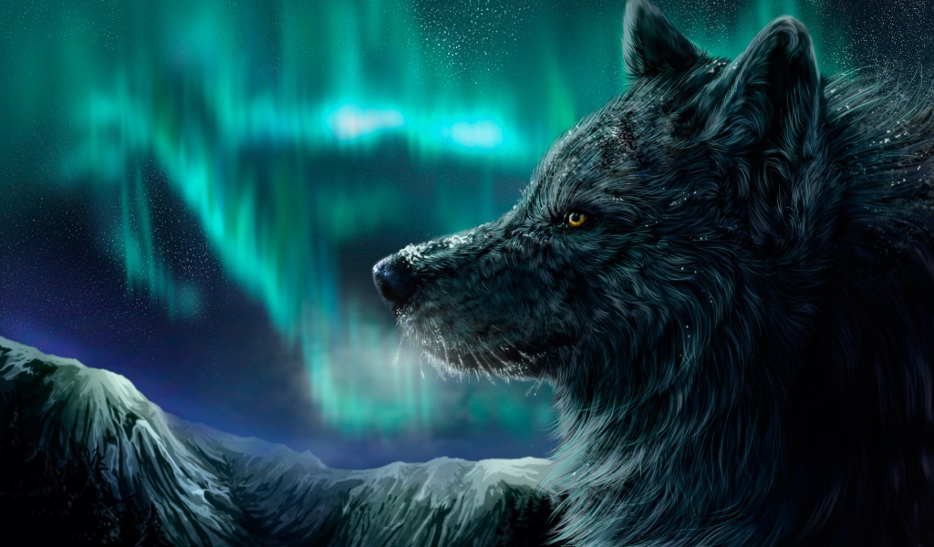 Красивый черный волк на фоне полярного сияния, фэнтези