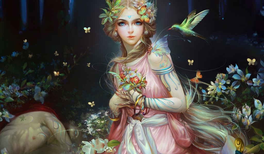 Красивая фантастическая девушка с необычными цветами