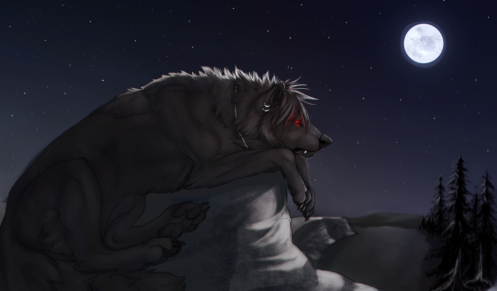 Большой черный волк на камне под луной