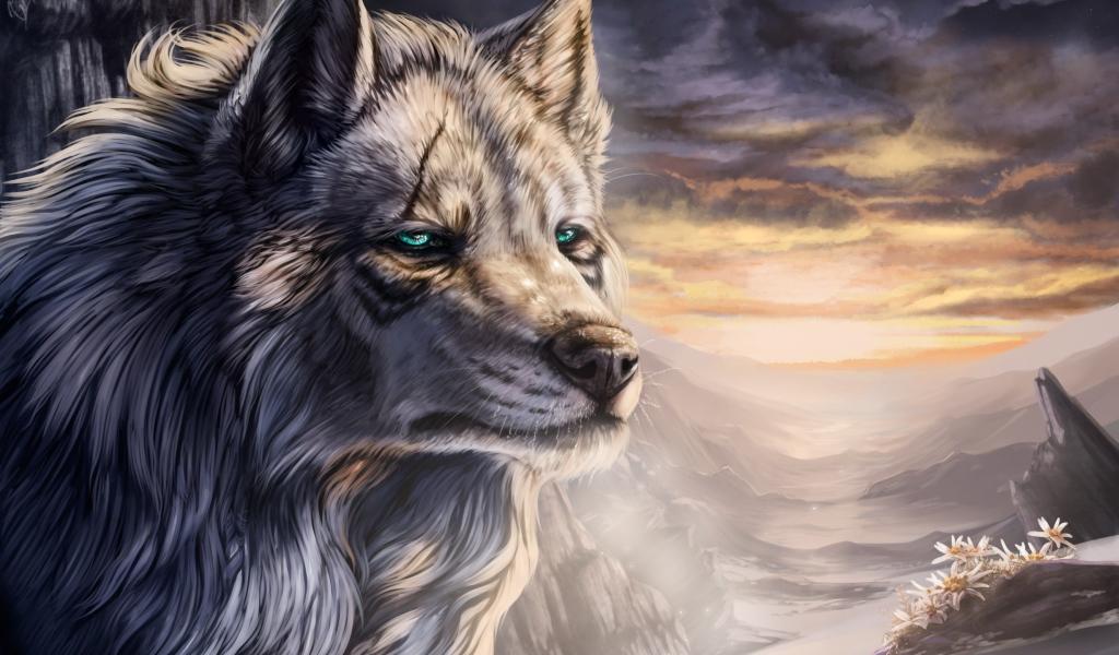 Большой фантастический волк с зелеными глазами