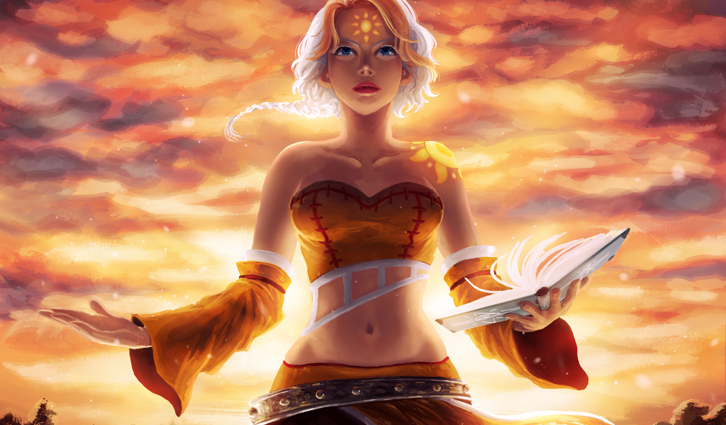 Голубоглазая девушка блондинка с волшебной книгой в руке, фэнтези