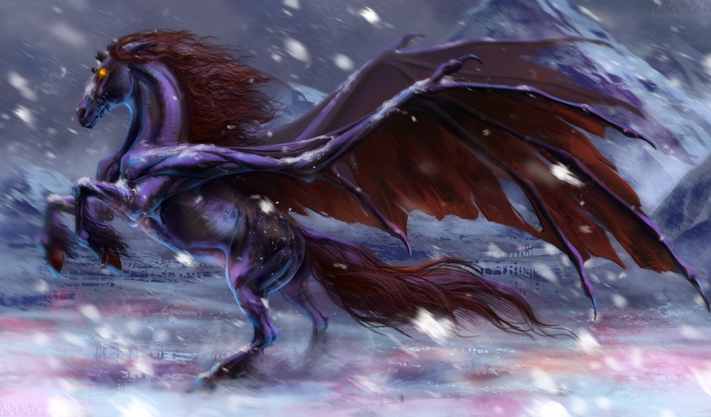 Фантастический черный конь с крыльями 