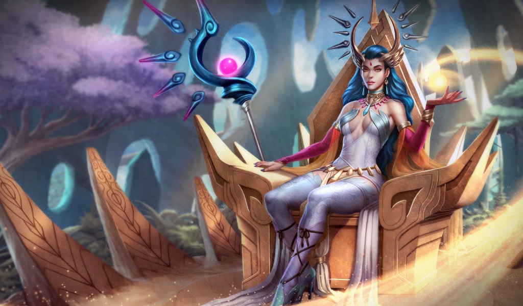 Фантастическая девушка маг сидит на троне