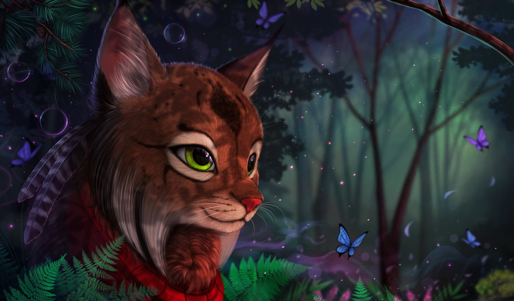 Фантастическая волшебная рысь в лесу с бабочками