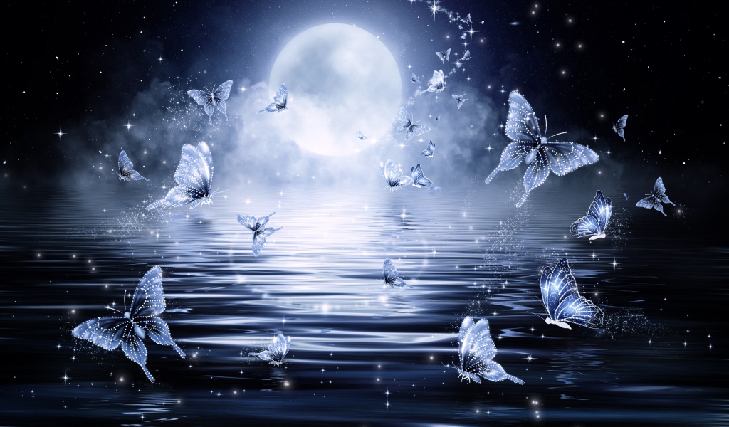 Фантастические неоновые голубые бабочки на фоне луны