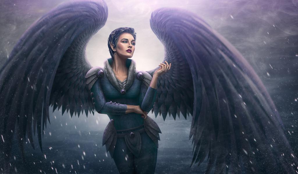 Фэтнези девушка ангел с большими черными крыльями