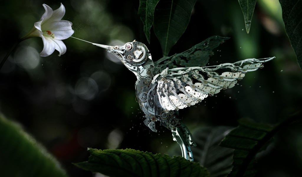 Механическая птица колибри собирает нектар с цветка,  стимпанк