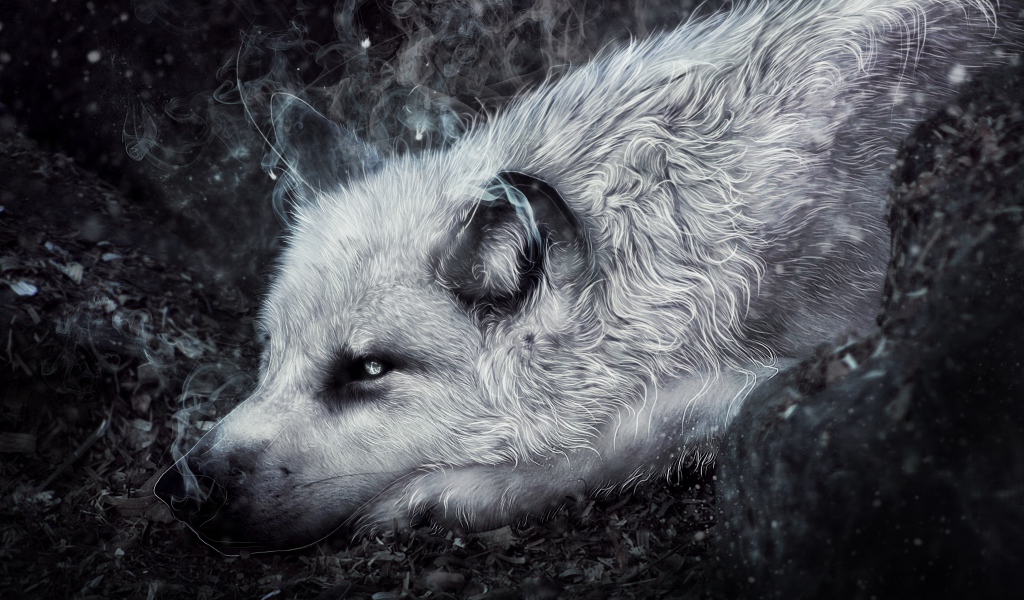 Фантастический волк лежит на земле