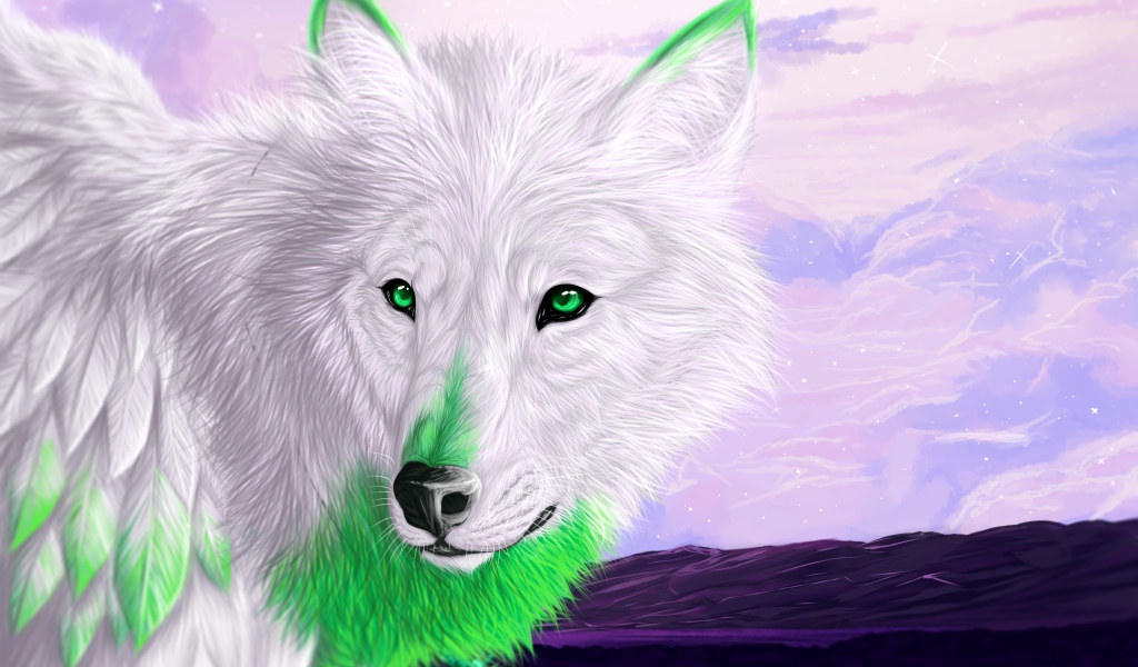 Белый волк с зелеными глазами