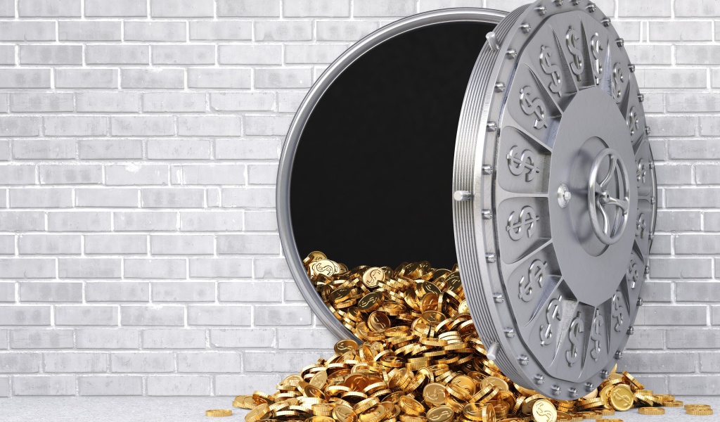 Золотые монеты выпадают из сейфа в серой стене