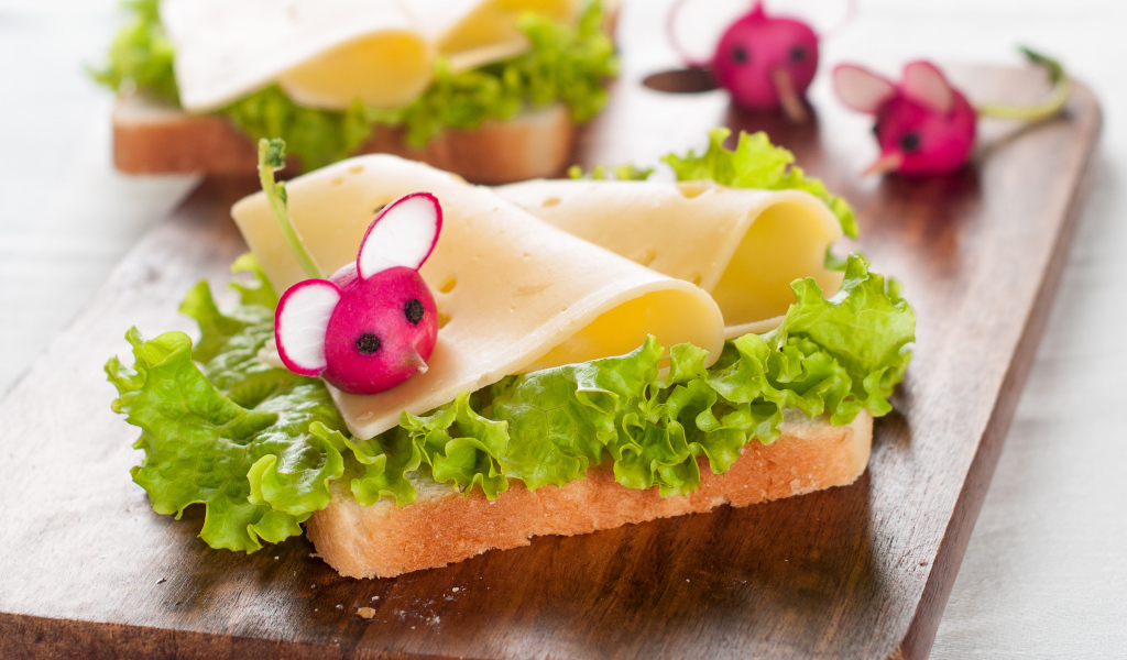 Бутерброд с сыром, салатом и редисом 