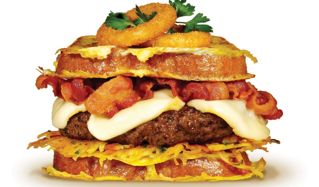 Сытный бургер с котлетой на белом фоне