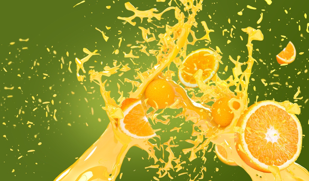 Кусочки апельсина в брызгах сока на зеленом фоне