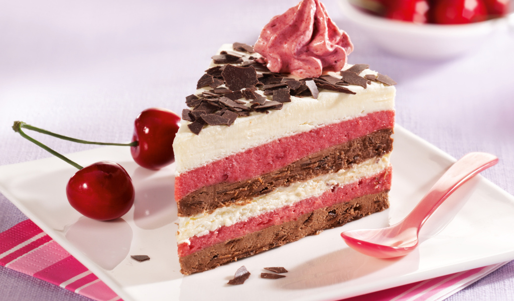 Кусок торта с вишневым и шоколадным кремом на белой тарелке