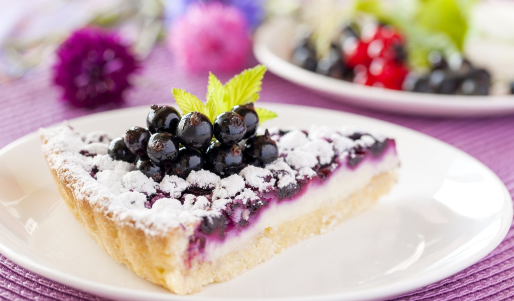 Кусок пирога с черной смородиной и сахарной пудрой