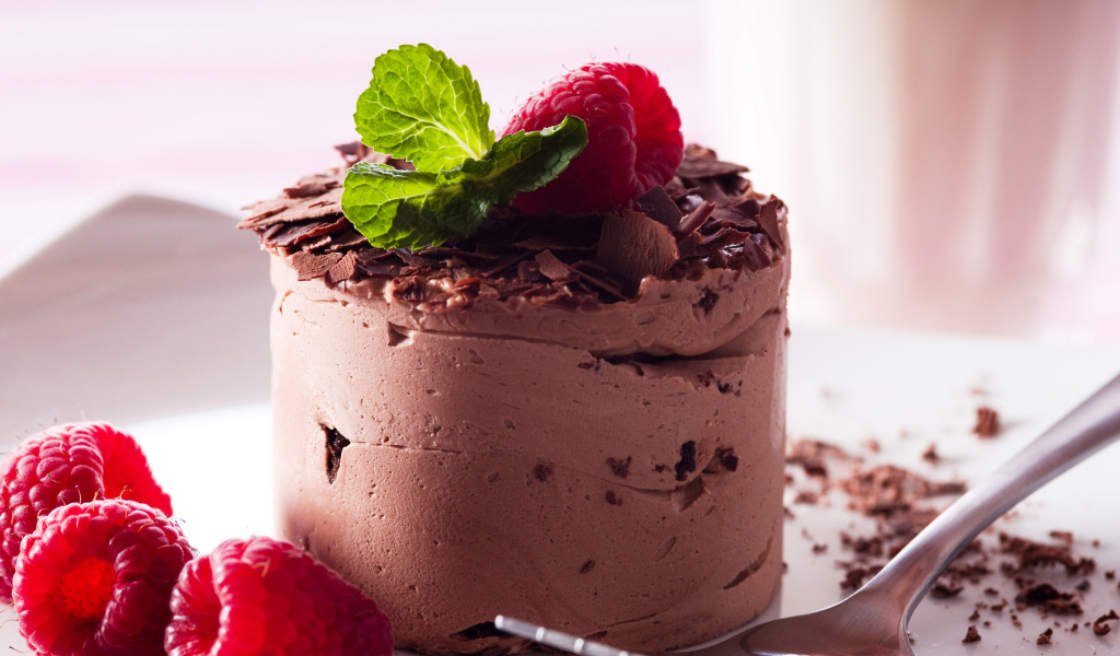 Аппетитный десерт с шоколадом и свежими ягодами малины