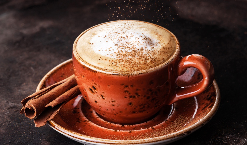 Чашка капучино с корицей на блюдце