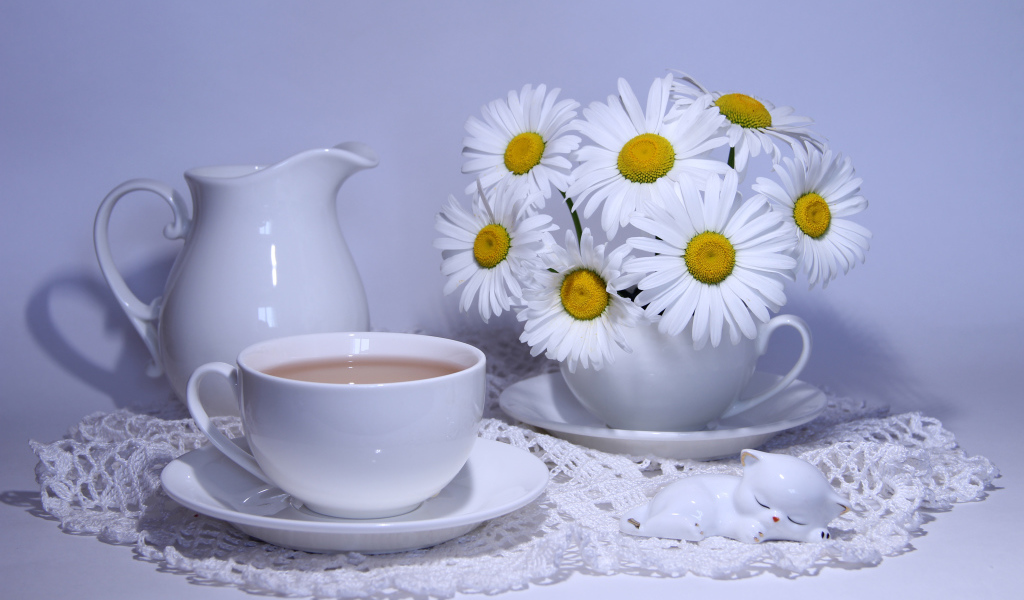 Белая чашка какао на столе с кувшином и белыми ромашками