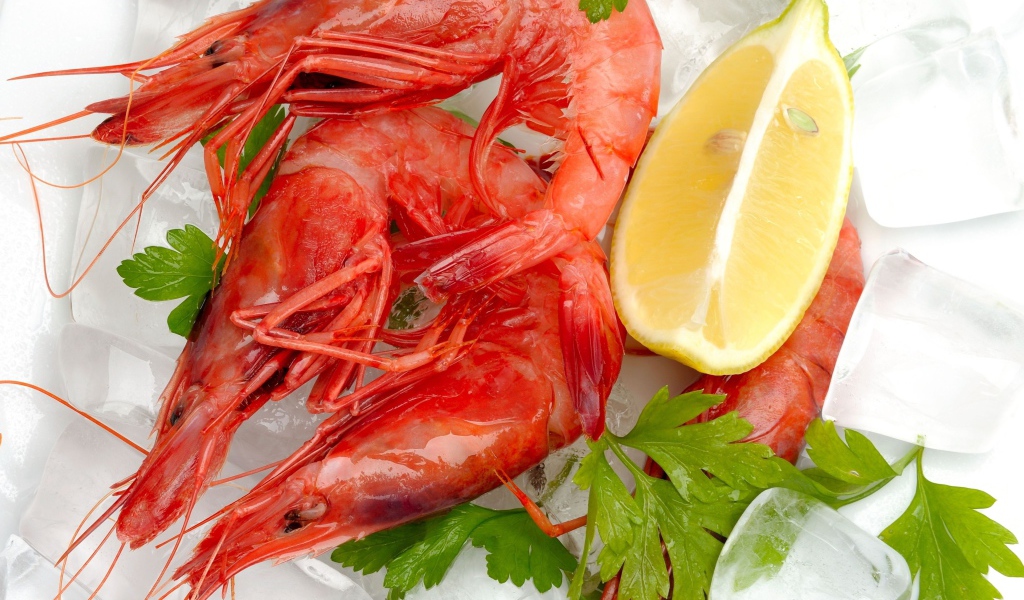 Вареные креветки с лимоном и кусочками льда